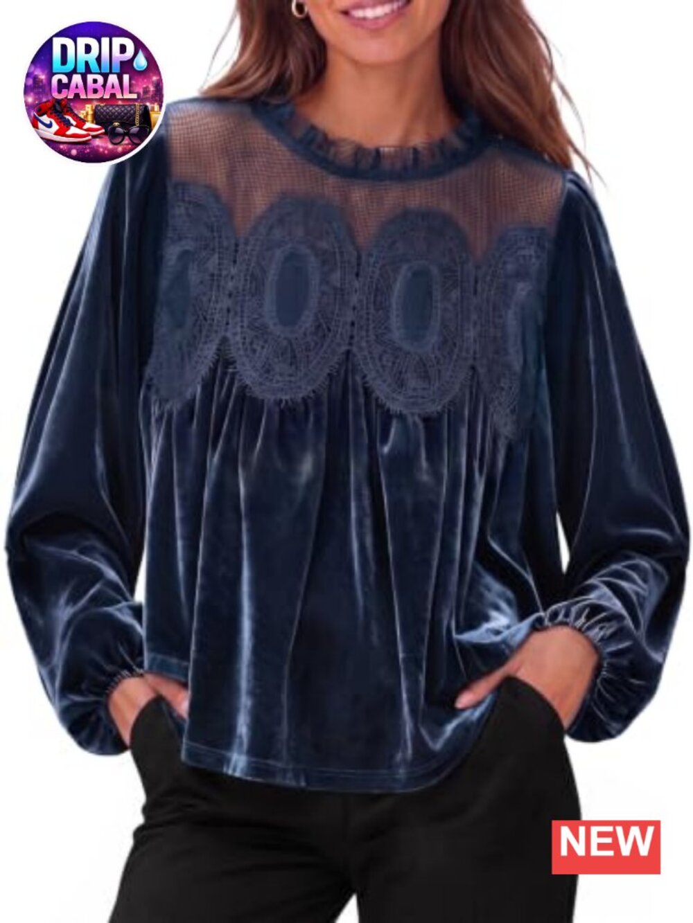 Velvet Babydoll Blouse Puff Sleeve Lace Ruffle Flowy Top
